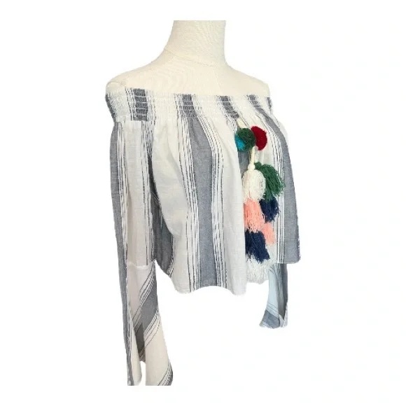 π EUC ANTHROPOLOGIE LILKA White Gray Striped Off Shoulder Playa Top | Sz S - Picture 3 of 8